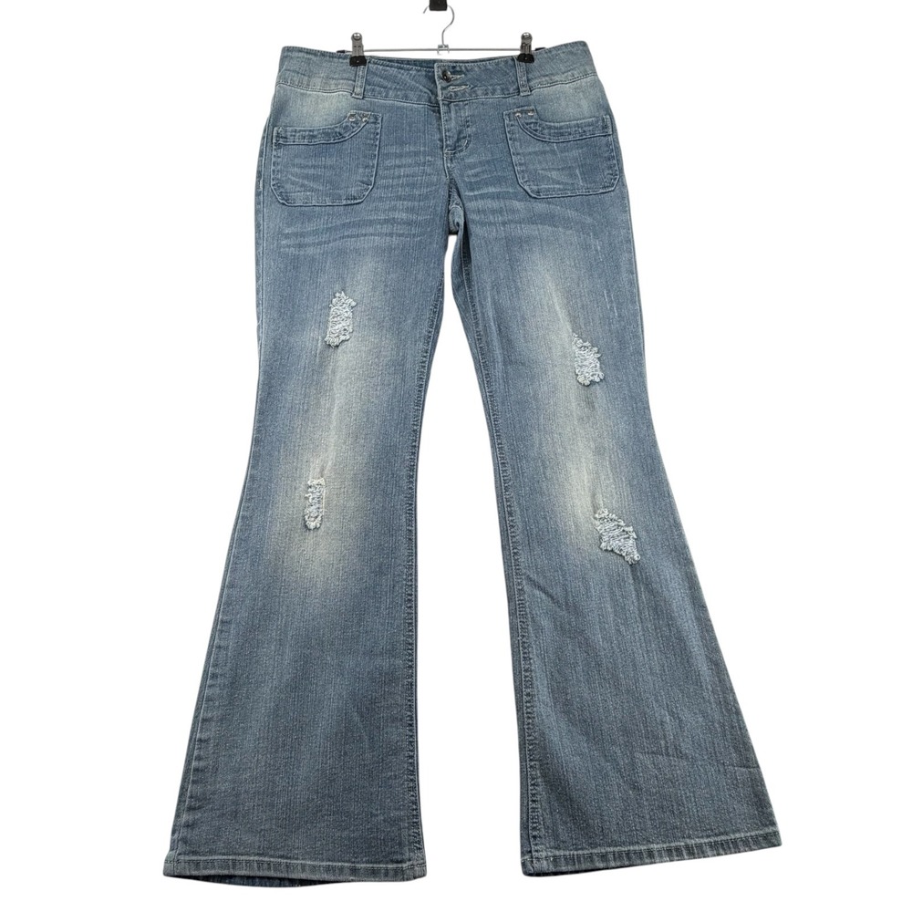 L.E.I. Ashley Lowrise Flare Distress Jeans Womens 11 W33x32L Medium Wash Y2K